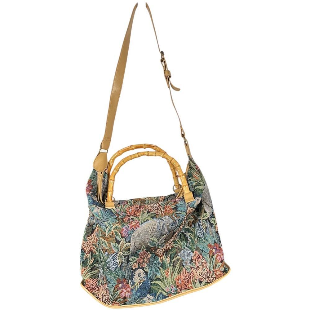 Tapestry Jungle Print Bamboo Handle Tote Bag - Multicolor - Picture 2 of 13